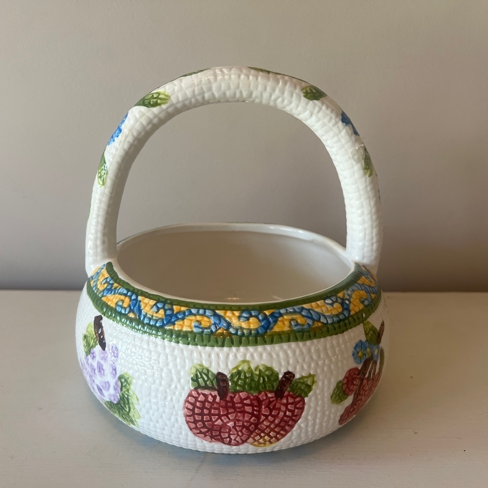 FINAL PRICE Vintage 1990s Ceramic Mosaic Quilted Fruits Vegetables Basket Bowl